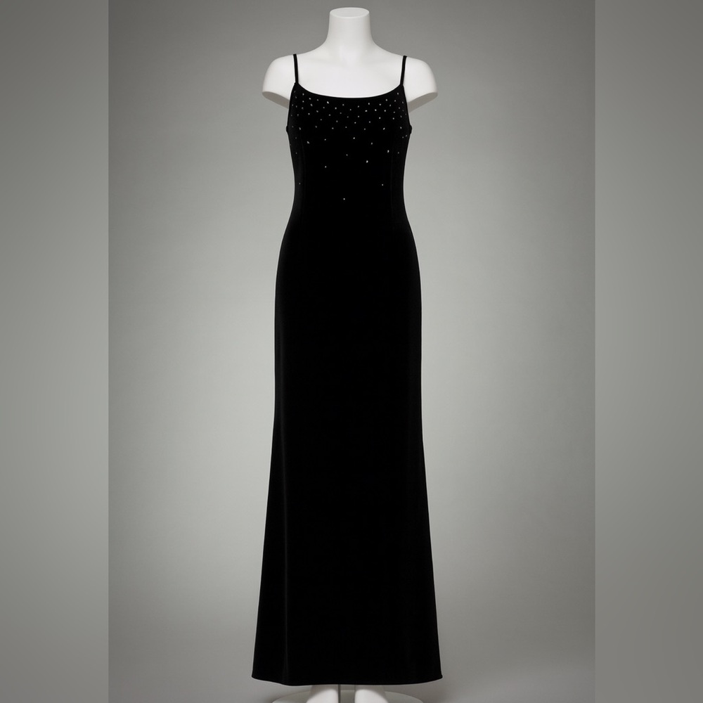 90s Vintage Maurices Sz 9/10 Womens Long Black Velvet Rhinestone Maxi Dress Prom